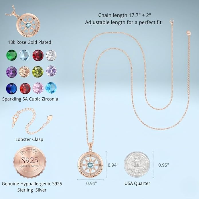Compass Necklace for Women Wife Girlfriend Mom Daughter Gifts S925 Sterling Silver Jewelry For Anniversary Rose Gold Gifts For Birthday Christmas Mothers Valentines Day 12 Birthstones