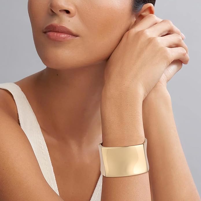 HZMAN 18K Gold Plated Wide Cuff Bracelet for Women - Premium Alloy Shiny Polished Double Layer Statement Bangle, Trendy Daily Wear Party Jewelry Accessory