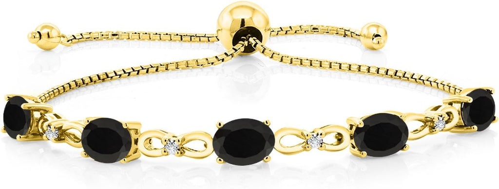 Gem Stone King 7X5MM Oval Cut Gemstone Birthstone and Accent Lab Grown Diamond Tennis Bracelet For Women In 18K Yellow Gold Plated Silver | Adjustable Bolo Bracelet For Women | Easy-On Easy-Off