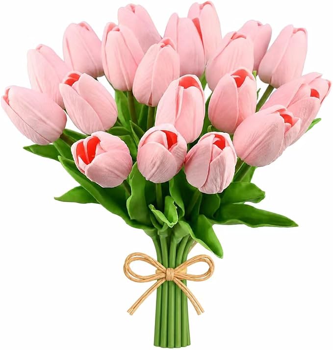 Mandy's 20pcs Artificial Light Pink Tulips | 13.5 Inch Lifelike PU Tulips Faux by Mandys
