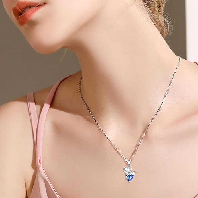 FLYOW Pig Necklace 925 Sterling Silver Cute Animal Necklace with Heart Blue CZ Piggy Pendant for Women Friend Pig Lovers Birthday Graduation Valentine's Day Anniversary Christmas Jewelry White/Blue