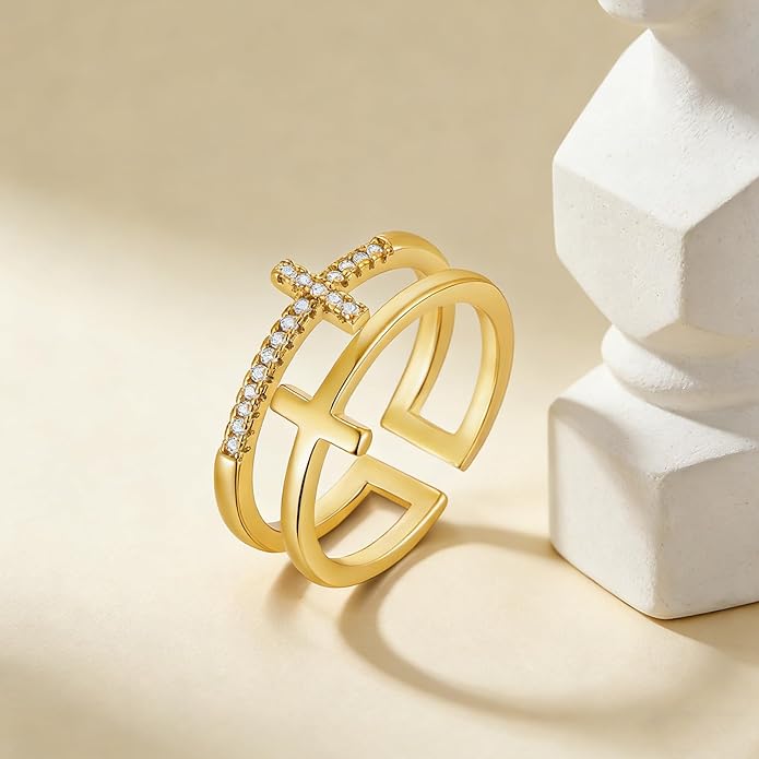 Cross Ring for Women 14 Gold Plated Hammered Texture Open Ring Size Adjustable Dainty Faith Christian Jewelry Gifts