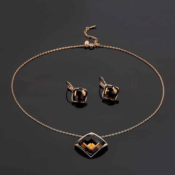 EVEVIC Square Austrian Crystal Necklace Earrings for Women Fashion 18K Gold Plated Hypoallergenic Jewelry Set