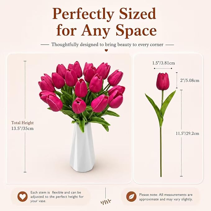 Mandy's 20pcs Artificial Hot Pink Tulips | 13.5 Inch Lifelike PU Tulips Faux - Image 3