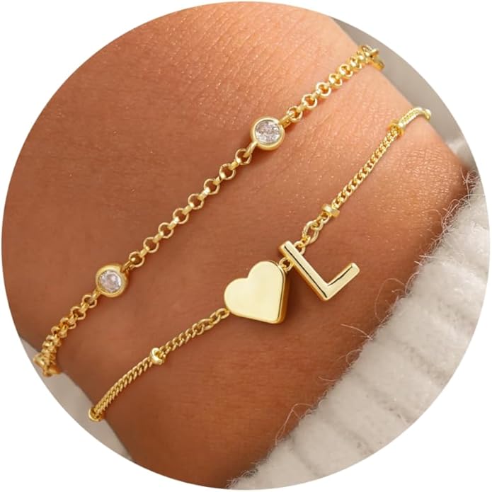 Turandoss Valentines Day Gifts for Kids Teen Girls - Dainty 14K Gold Plated Layered Heart Letter A-Z Charm Bracelet Stack Mom Daughter Jewelry Birthday Valentines Day Gifts for Girlfriend Wife