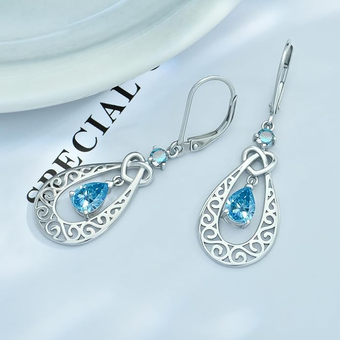 Teardrop Birthstone Dangle Drop Earrings Sterling Silver Infinity Filigree Leverback Earrings, Infinity Love Birthday Anniversary Valentines Day Gifts for Her Women Mom Wife