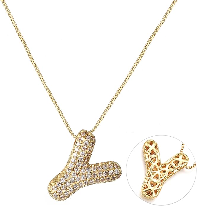RWQIAN Letter Necklace for Women Bubble, Chunky Initial Alphabet A-Z Pendant Puffy Name Personalized Necklace Dainty Zircon CZ Fashion Jewelry Gifts for Girls Girlfriend