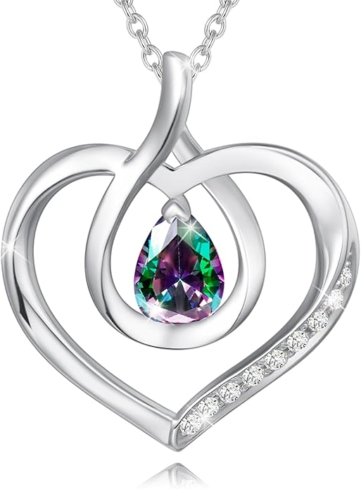 AGVANA Valentines Day Gifts Heart Birthstone Necklace for Women Sterling Silver Genuine or Created Gemstone Forever Love Pendant Necklace Fine Jewelry Anniversary Birthday Gifts for Women Mom Wife