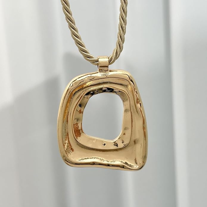 PLOUTOS Statement Modern Geometric Hollow Square Pendant Rope Chain Necklace for Women Bold Fashion Layering Collarbone Jewelry Party Wear Accessory