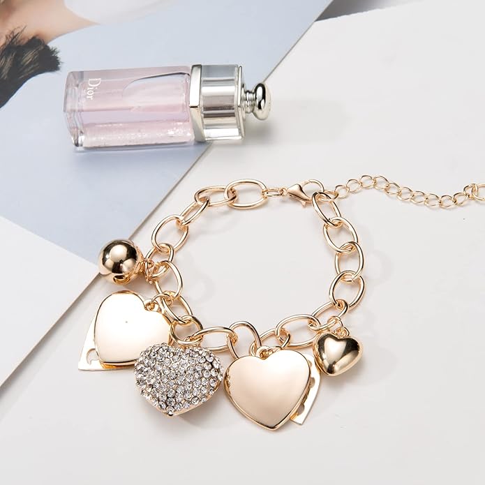 SILANER Gold Chain Link Bracelet - 7"+ 2" Extender 14K Gold Plated Love Locked Bracelets for Women, with Crystal, Love Heart,Key, Lock, Charm Bracelet
