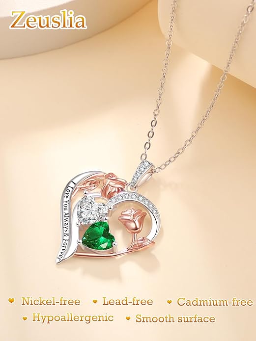 Valentine's Day Gifts for Wife 925 Sterling Silver Double Birthstone Pendant Necklaces I Love You for Always and Forever Necklace Anniversary Birthday Gifts for Wife Girlfriend Mom Her