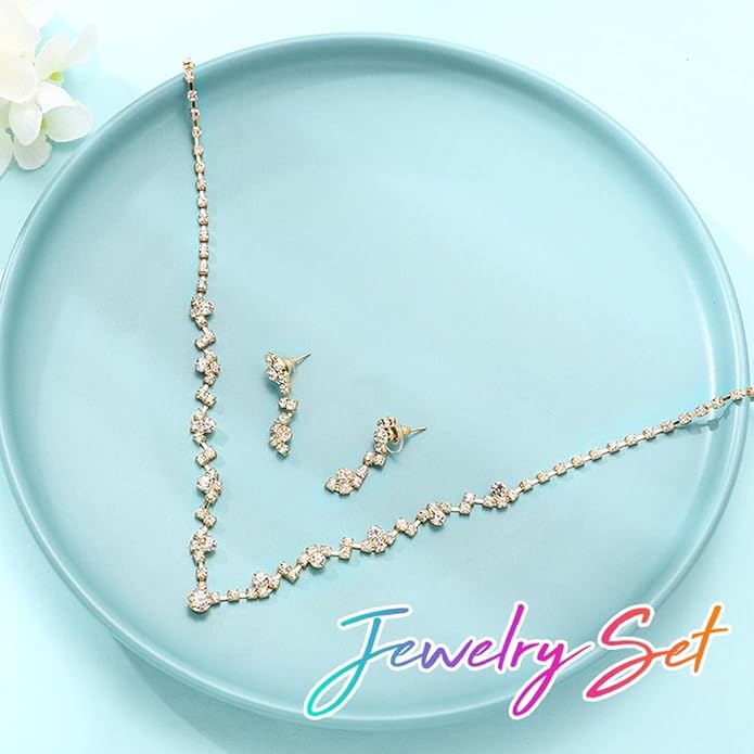 Unicra Bride Crystal Necklace Earrings Set Bridal Wedding Jewelry Sets Rhinestone Choker Necklace Costume Jewelry Set for Women and Brides (3 piece set - 2 earrings and 1 necklace)