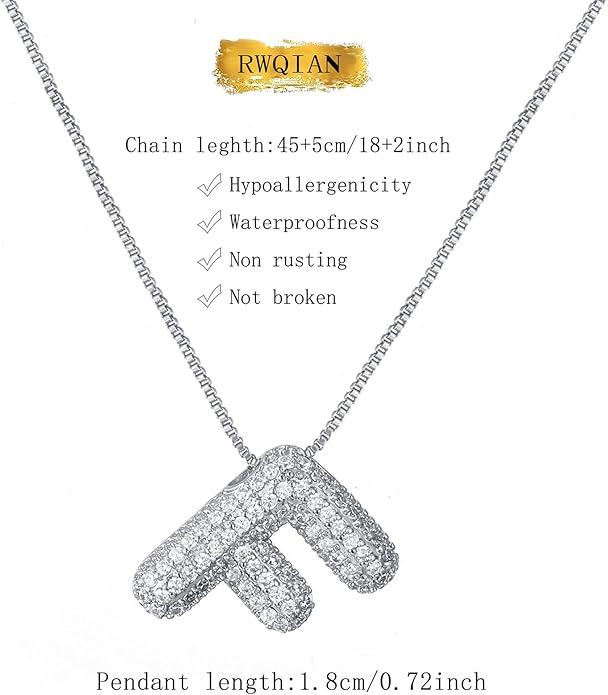 RWQIAN Letter Necklace for Women Bubble, Chunky Initial Alphabet A-Z Pendant Puffy Name Personalized Necklace Dainty Zircon CZ Fashion Jewelry Gifts for Girls Girlfriend