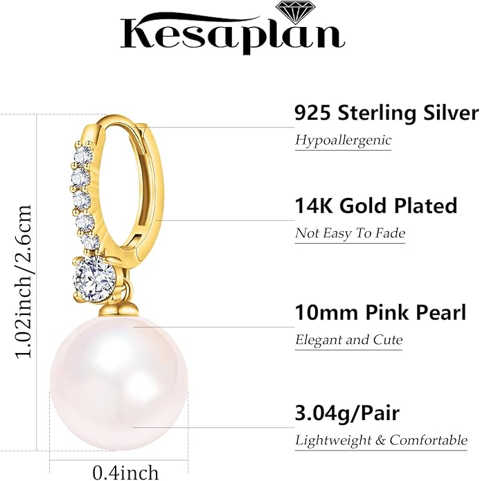 Pearl Earrings for Women 14K Gold Plated Hypoallergenic Pearl Earrings 5A Cubic Zirconia Dangle Earrings Elegant Jewelry