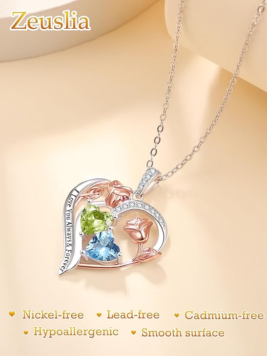 Valentine's Day Gifts for Wife 925 Sterling Silver Double Birthstone Pendant Necklaces I Love You for Always and Forever Necklace Anniversary Birthday Gifts for Wife Girlfriend Mom Her
