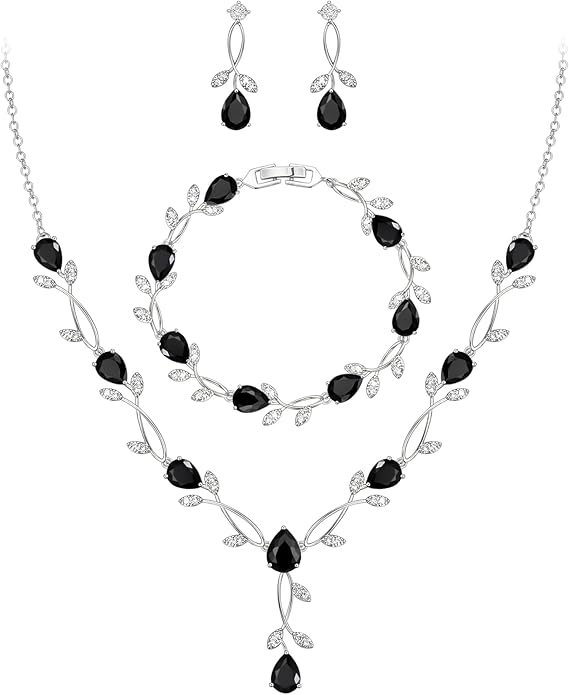 EVER FAITH Bridal Cubic Zirconia Jewelry Sets for Women, White Simulated Pearl Leaf Vine Pendant Wedding Party Necklace Earrings Set for Bridesmaid Bride