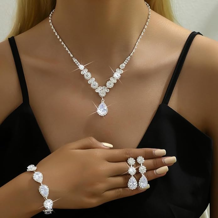 Silver/Gold Rhinestone Crystal Wedding Bridal Bridesmaids Earrings Bracelet Set for Women Brides Bridesmaids Crystal Rhinestone Bracelet Earrings Set for Wedding Bridal Prom Pageant