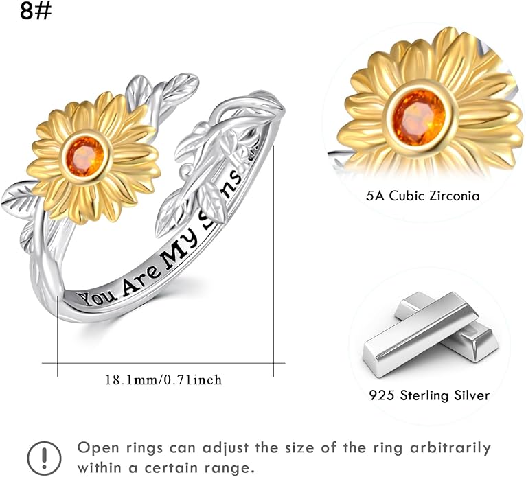 Sunflower Rings for Women, 925 Sterling Silver CZ You are My Sunshine Adjustable Open Band Rings Jewelry Gifts for Girls Size 7-8