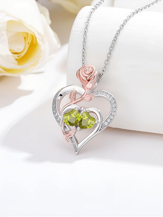 Rose Flower Heart Pendant for Women Birthday Gifts 18k Gold Plated Mother Daughter Necklace with 12 Months Birthstone Christmas Valentines Day Gifts for Her Mom Anniversarry Jewelry for Mom Wife Girlfriend