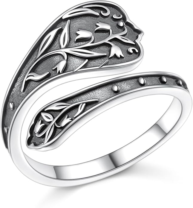 925 Sterling Silver Hummingbird/Sunflower Turquoise/Moonstone/Lily of the Valley Flower Spoon Ring Adjustable Open Ring Statement Thumb Ring Jewelry for Women