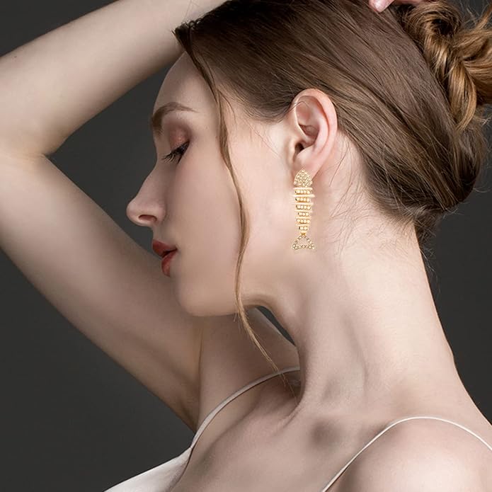 Creative Exaggerated Long Colorful Sparkly Crystal Fish Bone Dangle Drop Earrings Vintage Gold Cute Enamel Diamond Animal metal Stud Earrings