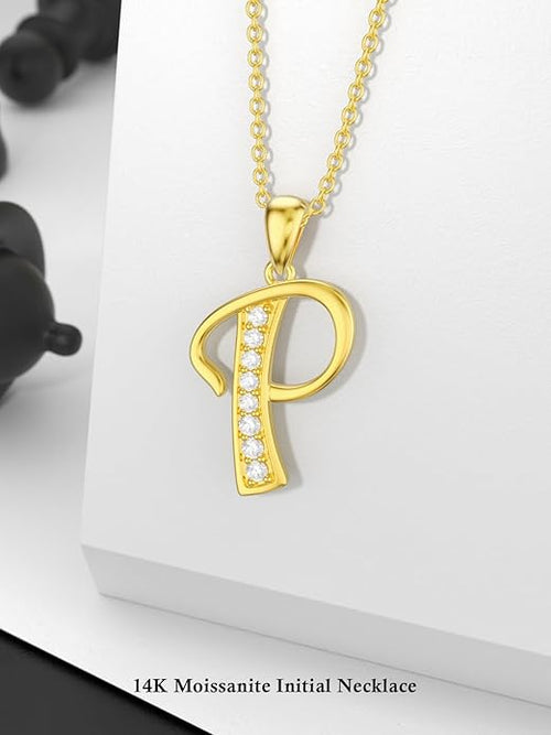 14k Gold Initial Necklace for Women, Solid Gold Moissanite Letter Pendant Necklaces Jewelry for Her Birthday Valentines Day Gifts for Mom Wife Christmas Gifts for Girlfriend Sister