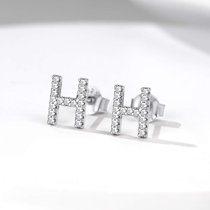 Silver Letter Stud Earrings for Women with Alphabet H Solid Silver Ear Jewelry for Sensitive Ears Wearing