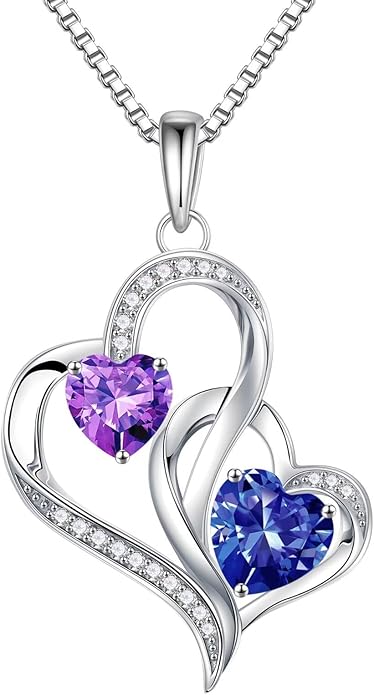 Iefil Valentines Day Gifts for Her - 925 Sterling Silver Double Birthstone Necklace, Heart Necklaces for Women, Anniversary Birthday Gifts, Personalized Jewelry Gift for Wife Mom Girlfriend