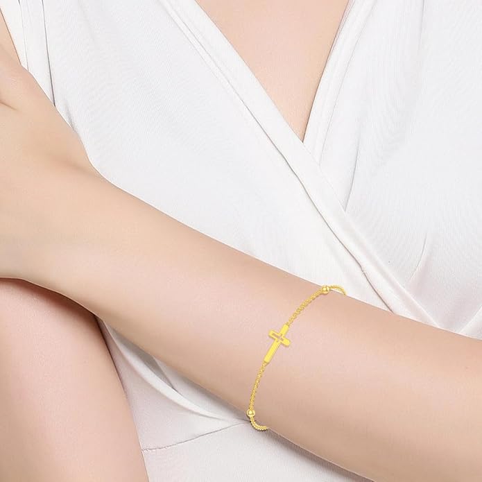 Solid 14K Gold Cross/Heart Anklet for Women, Real Gold Cross Bracelet Adjustable Beach Foot Ankle Bracelet Religious Fine Jewelry Gifts for Her Wife Mom Nana