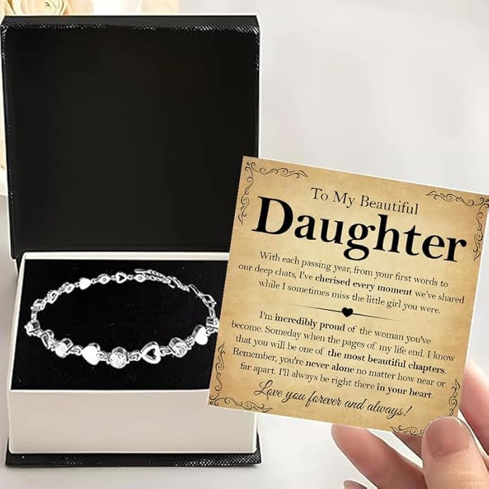 To My Daughter Bracelet, Silver Heart Chain Bracelet with Shiny Stones, Perfect Birthday or Graduation Christmas Gift for Daughter with Message Card and Gift Box