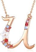 Flower Initial Letter Necklace Pink Red Blue Simulated Pearl Pendant Name Jewelry Made with Austrian Crystals Rose Gold Plated Anniversary Birthday Gifts for Women,18"+2"