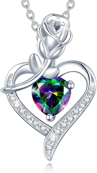 AGVANA Valentines Day Gifts Rosy Reverie Birthstone Necklace for Women Sterling Silver Genuine or Created Gemstone Rose Flower Heart Pendant Necklace Anniversary Birthday Gifts for Women Mom Wife Her