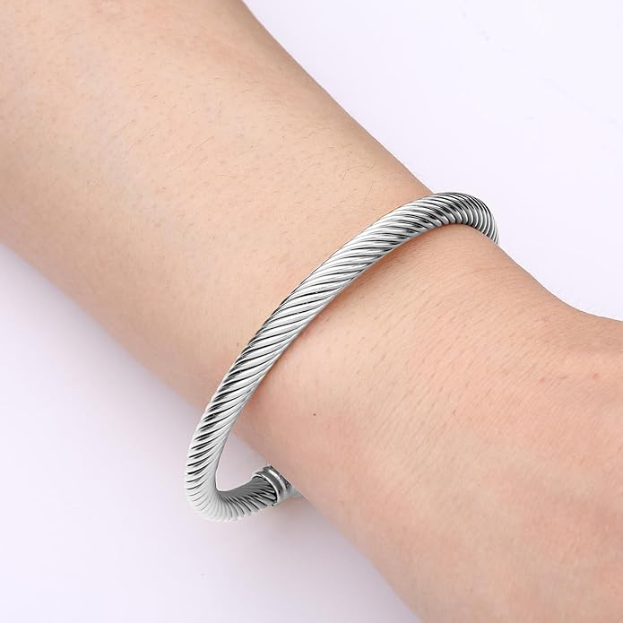 Adjustable C-Shape Open Cuff Bangle, Twisted Cable Bracelet for Men & Women, Chic Stainless Steel Unisex Jewelry Gift for Him Her, Unique Anniversary Present