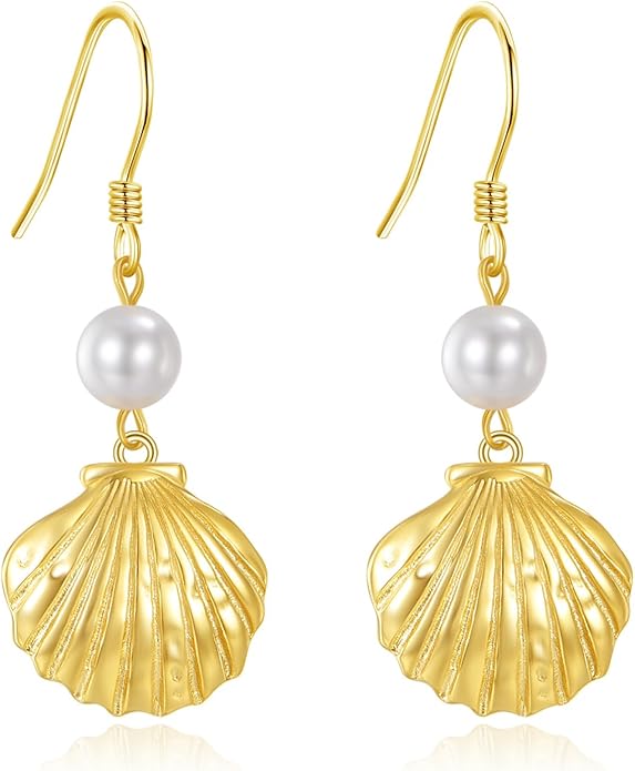 VONALA Silver/Gold Seashell Pearl Dangle Earrings 925 Sterling Silver Beach Drop Dangle Earrings Starfish Leverback Earrings Ocean Jewelry Gifts for Women