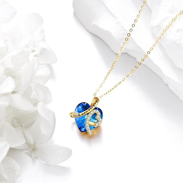 KECHO 14K Real Gold I Love You Forever Necklace Solid Yellow Gold Heart Birthstone Crystal Pendant Jewelry Birthday Mother's Day Anniversary Christmas Gifts for Women