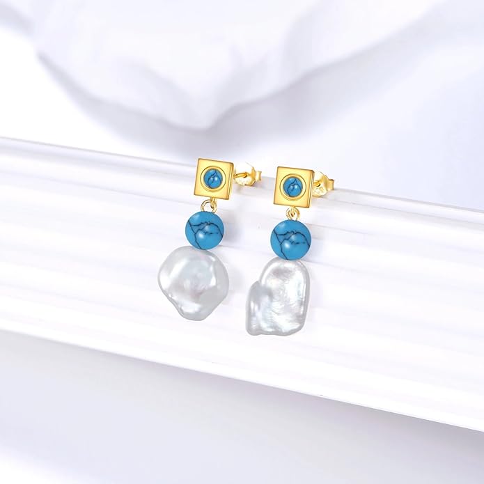 Turquoise Dangle Earrings 14K Gold Plated Sterling Silver Boho Earrings with Cultured Pearl Drop Jewelry Gift for Women