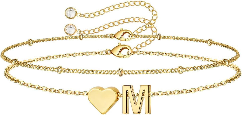M MOOHAM Valentines Day Gifts for Kids Teen Girls -14K-Gold-Plated Heart Initial A-Z Bracelets for Women Girl Dainty Gold Bracelets Birthday Valentines Gifts for Women Her Teenage Girls Kid Teen Gift