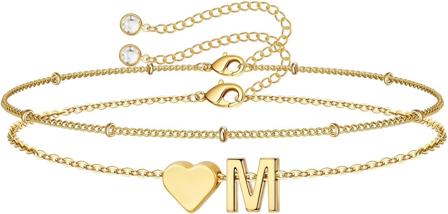 M MOOHAM Valentines Day Gifts for Kids Teen Girls -14K-Gold-Plated Heart Initial A-Z Bracelets for Women Girl Dainty Gold Bracelets Birthday Valentines Gifts for Women Her Teenage Girls Kid Teen Gift