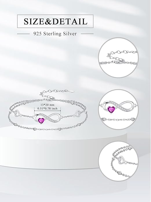 Dorunmo Infinity Heart Anklet Bracelet for Women 925 Sterling Silver Adjustable Infinity Birthstone Bracelet Friendship Jewelry Gifts for Women Birthday Christmas