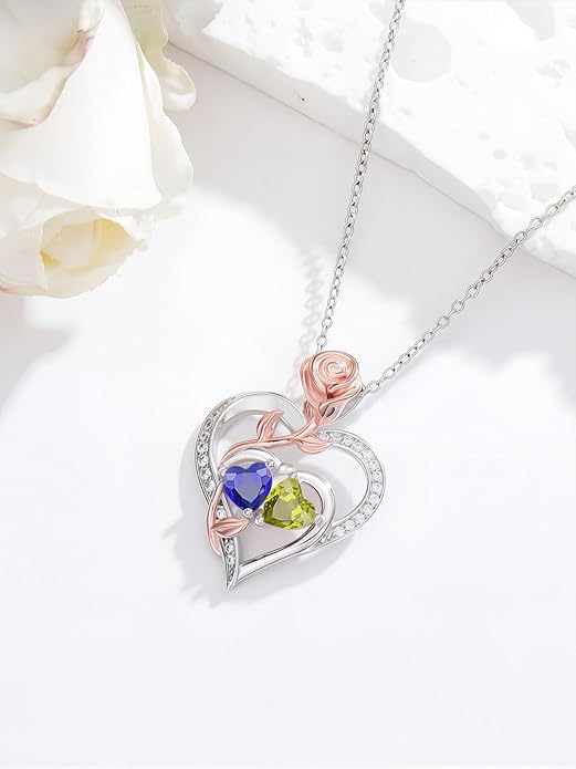 Rose Flower Heart Pendant for Women Birthday Gifts 18k Gold Plated Mother Daughter Necklace with 12 Months Birthstone Christmas Valentines Day Gifts for Her Mom Anniversarry Jewelry for Mom Wife Girlfriend