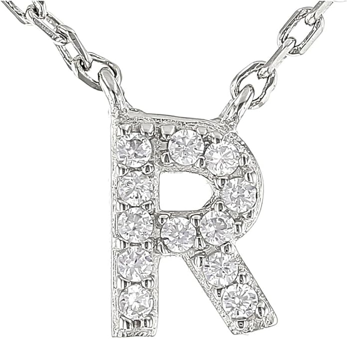 JTV Sterling Silver Initial Necklace for Women, 0.13 CTW White Cubic Zirconia Letter Pendant, Rhodium-Plated, Personalized Monogram Jewelry, Gift Box Included, 18”