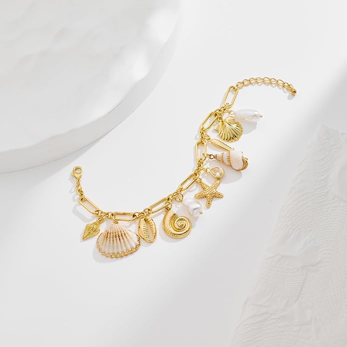 Gold Charm Bracelet for Women Boho Adjustable Shell Starfish Bracelet Summer Beach Ocean Statement Bracelets
