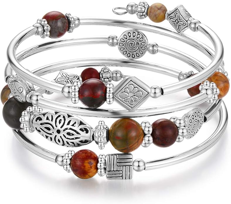BULINLIN Layered Wrap Bangle Turquoise Bracelet - Bead Bracelet with Natural Agate Stone, Gifts For Women