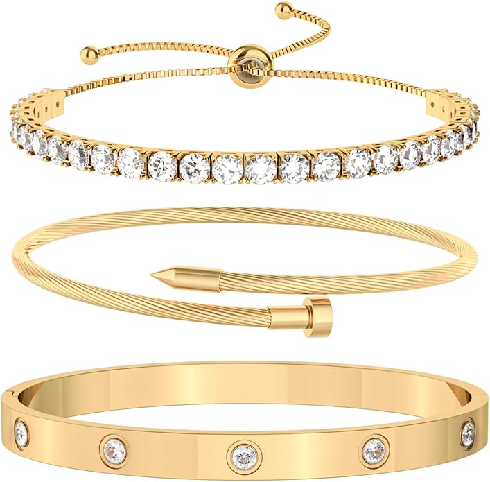 PCY Gold Bracelets For Women,3PC Bangle Gold Plated Bracelets For Women,Trendy Statement Cuff Stackable Bangles Set,Fashion Jewelry for Women.