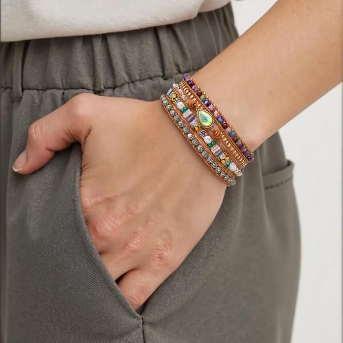 YGLINE Boho Handmade Wrap Leather Tube Crystal Stone Bracelet for Women