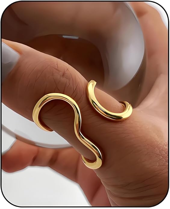 Chunky Rings For Women, Gold Silver Thumb Ring Asymmetrical Wavy Curve Ring Adjustable Non Tarnish Dainty Stainless Steel New Year Anniversary Birthday Jewelry Gift
