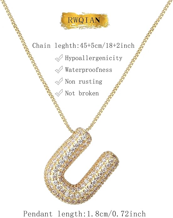 RWQIAN Letter Necklace for Women Bubble, Chunky Initial Alphabet A-Z Pendant Puffy Name Personalized Necklace Dainty Zircon CZ Fashion Jewelry Gifts for Girls Girlfriend