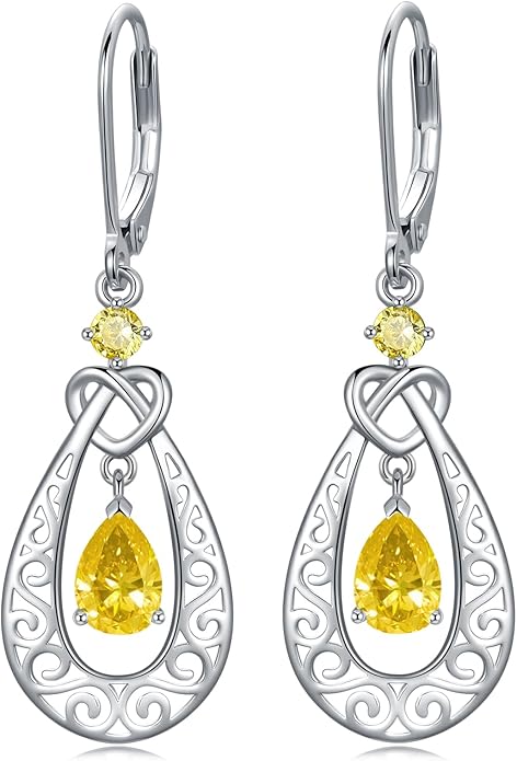 Teardrop Birthstone Dangle Drop Earrings Sterling Silver Infinity Filigree Leverback Earrings, Infinity Love Birthday Anniversary Valentines Day Gifts for Her Women Mom Wife