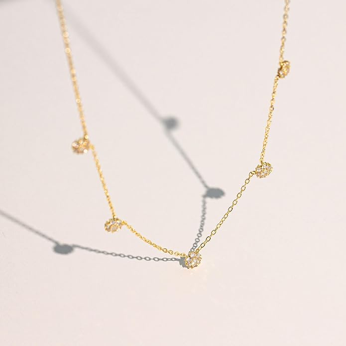 VRIUA Necklaces for Women - 14K Gold/Silver Plated Dainty Chain Necklace with Five Charms: Diamond, Bow, Snowflake, Cross, Flower, Clover, Butterfly, Heart, Star of David, and Star Trendy Jewelry