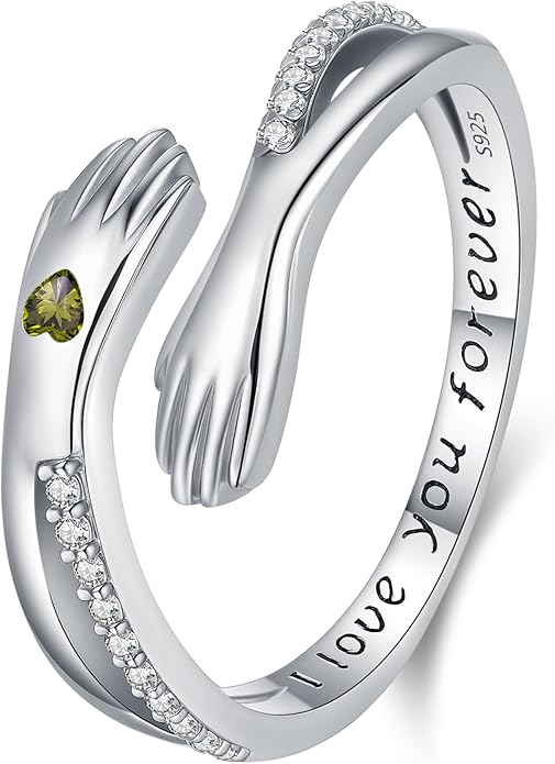 Hug Rings for Women Birthstone Hug Rings 925 Sterling Silver Adjustable Hand Ring Open Jewelry Daughter Gifts From Mom Mother Teens Mother's Day Amavive